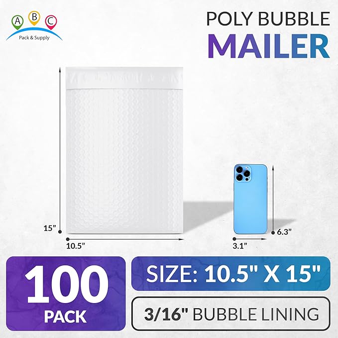 ABC PACK & SUPPLY Poly Bubble Mailers, 10.5 x 15 Inch. Pack of 100 White Padded - Image 2