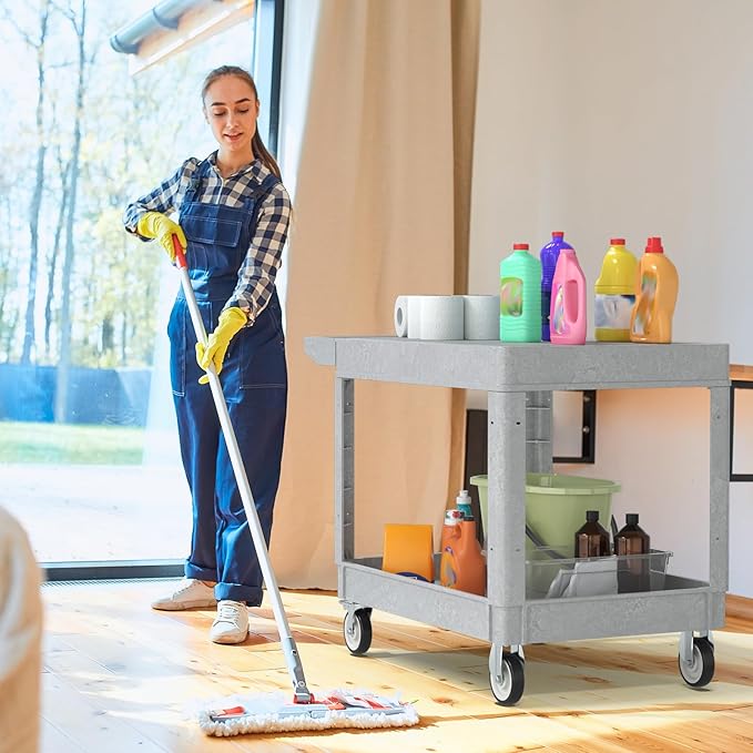 Utility Cart on Wheels, 2 Shelf Heavy Duty Large Flat Top Rolling Cart - Image 7
