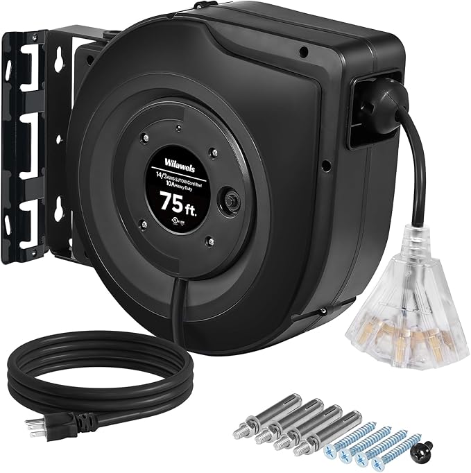Retractable Cord Reel, 75 FT Heavy Duty Extension Cord, 14AWG/3C SJTOW by Wilawels