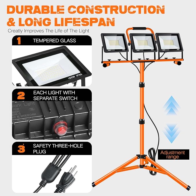 21000 Lumen Work Lights with Stand, 3 Adjustable Head LED Work Light, with - Image 6