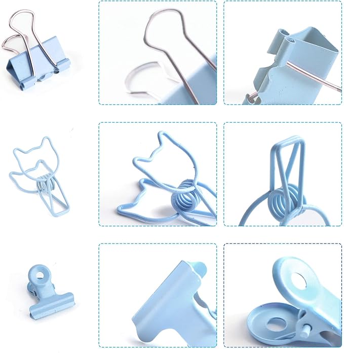 Blue Paper Clips and Binder Clips Set, Metal Assorted Sized Binders - Image 3