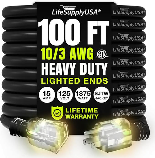 100ft Outdoor/Indoor Extension Cord 10/3 Gauge Ultra Heavy Duty 3 Prong SJTW by LifeSupplyUSA