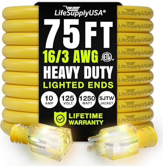 75ft Outdoor/Indoor Extension Cord 16/3 Gauge Heavy Duty 3 Prong SJTW, by LifeSupplyUSA