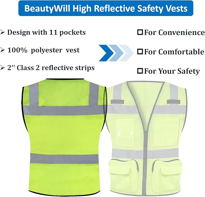 BeautyWill Custom Logo 10/20 Pack Safety Vest Class2 High Visibility Vest - Image 4