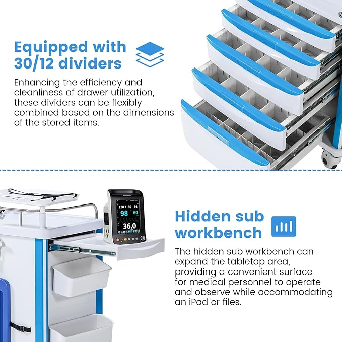 5-Tier Medical Cart, Hospital Emergency Rolling Crash Carts - Image 4
