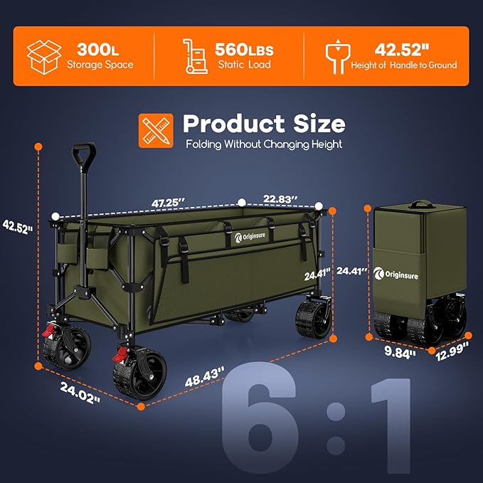 48" L Collapsible Wagon Cart Foldable, 560lbs Weight Capacity 300L Heavy Duty - Image 2