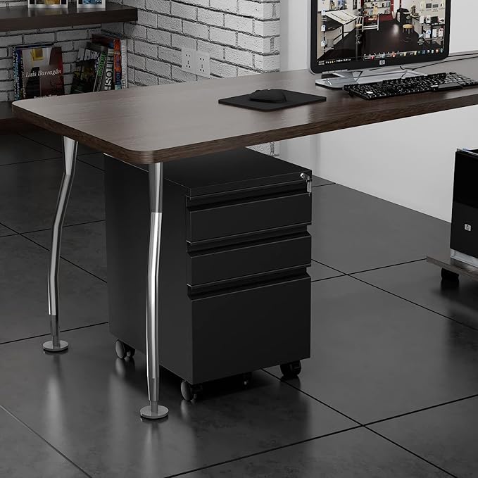 3 Drawer File Cabinet with Wheels, Metal Filing Cabinet with Lock, Office - Image 2
