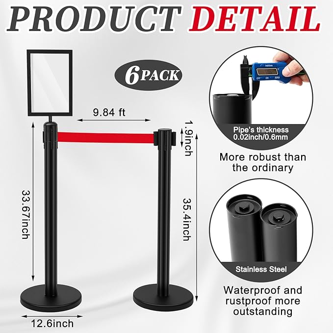 Therwen 6 Pack Heavy Duty Crowd Control Stanchions 9.8 ft Stainless Steel - Image 2
