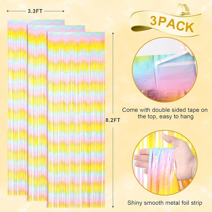 3 Pack 3.3 x 8.2 ft Pastel Rainbow Foil Fringe Backdrop Curtains, Tinsel - Image 3