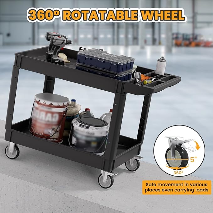 2-Tier Rolling Tool Cart, Heavy-Duty Plastic Service Cart - Image 3