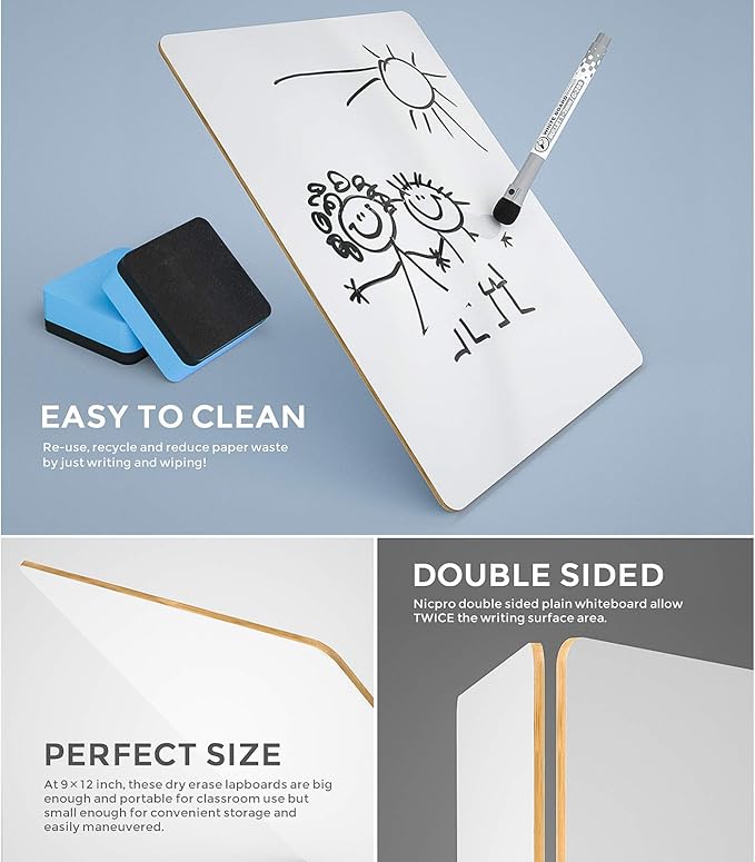 Nicpro Dry Erase Lap Board 9 x 12 inches 2 Pack Kid Double Sided Blank Small - Image 3