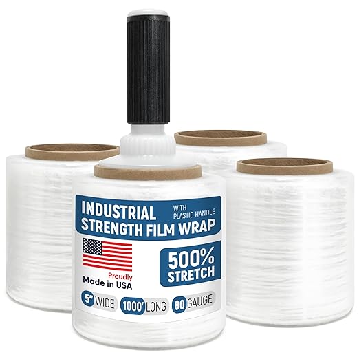 5" x 1000’ Industrial Strength Stretch Wrap, Ready to Use Pack of 4 Mini Rolls by Paclord