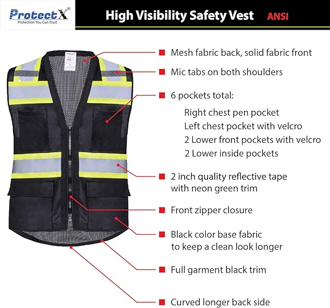 ProtectX 6 Pockets High Visibility Safety Vest - Image 5
