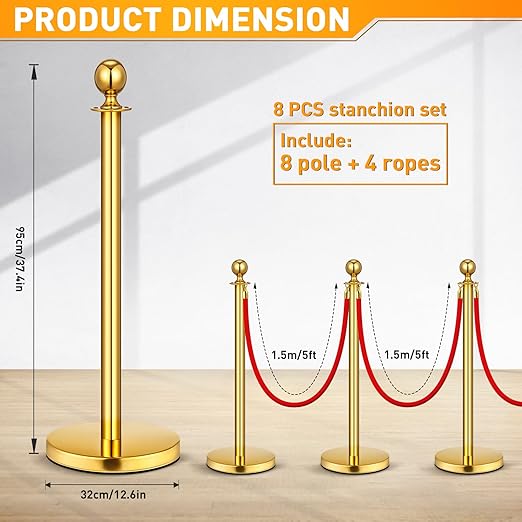 8 Pack Upgraded Stainless Steel Stanchions and Velvet Ropes 5FT Extended Red - Image 2