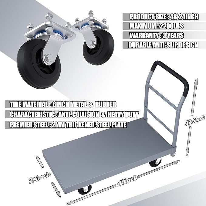 Heavy Duty Flatbed Cart, 2200LB Foldable Platform Truck Industrial Grade Weight - Image 3