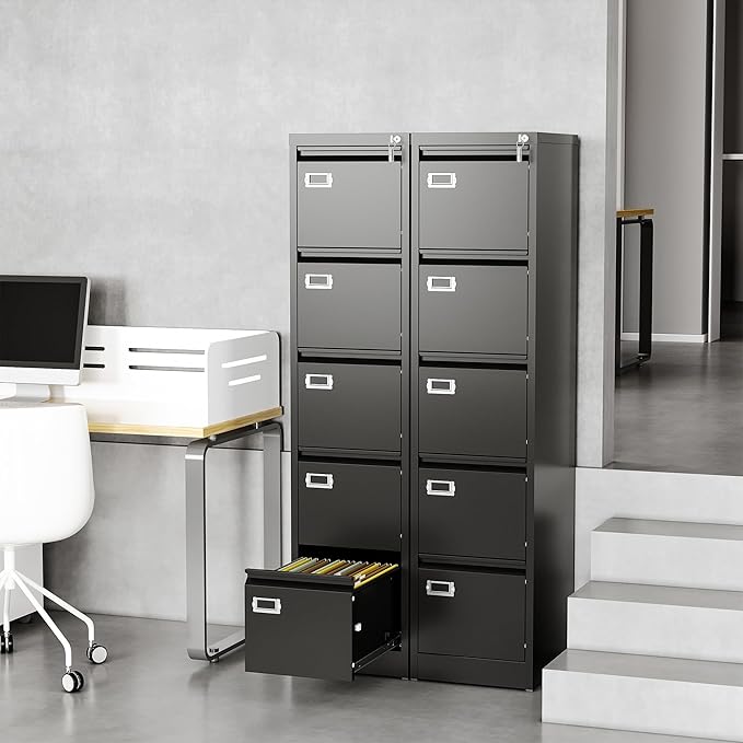 File Cabinets - 5 Drawers Vertical 17.8" Deep Lockable Filing Cabinet - Black & - Image 4