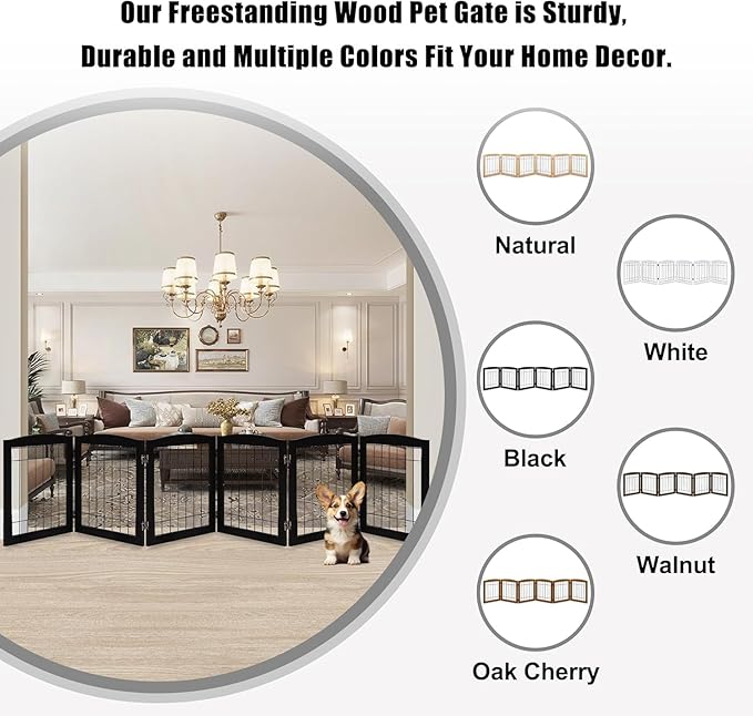 LZRS 6-Panel Extra Wide Wooden Freestanding Dog Gate: Foldable Solid Wood and - Image 4