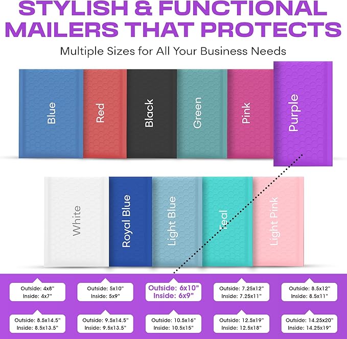 Purple Small Poly Bubble Mailers 6x10 inch #0 | Self Seal Padded Envelopes | - Image 2