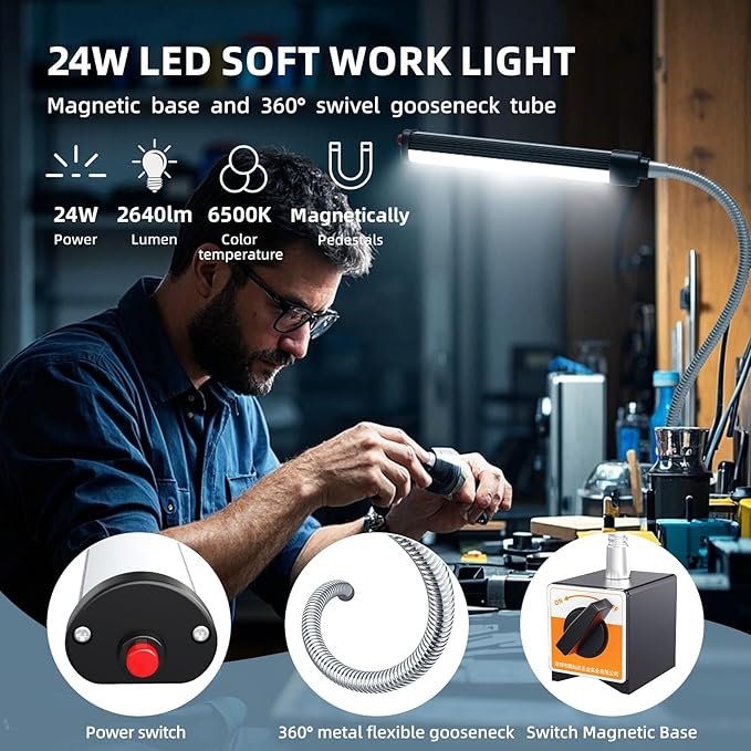 24W LED Magnetic Work Light, 2400 Lumen Flexible Gooseneck Work Light - Image 2