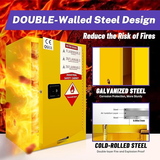 36 Gallon Yellow Flammable Storage Cabinet, Fireproof Steel Chemical Storage - Image 3