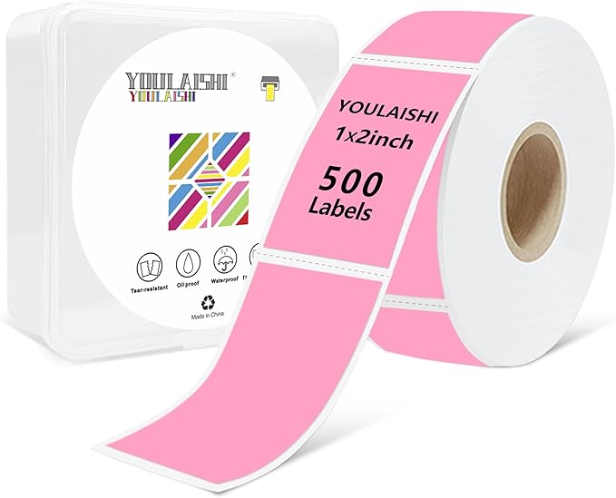 1x2 inch Label Stickers Roll for Thermal Printer 500PCS Pink Colored Removable by YOULAISHI