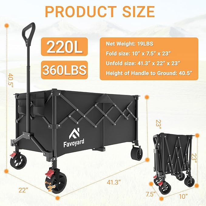 Favoyard Extra Large Collapsible Wagon Carts Foldable 360LBS Heavy Duty Beach - Image 7
