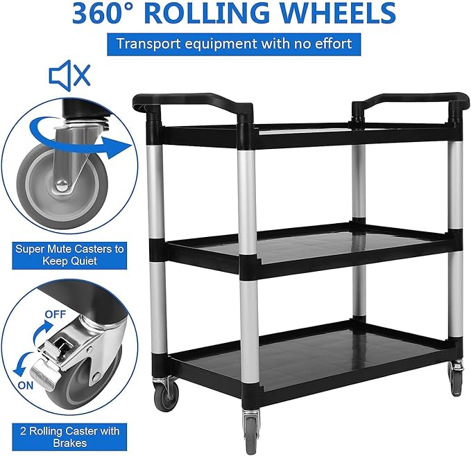 Heavy Duty 360 Restaurant Cart, 3-Shelf Plastic, Lockable Wheels, Extra Large - Image 4