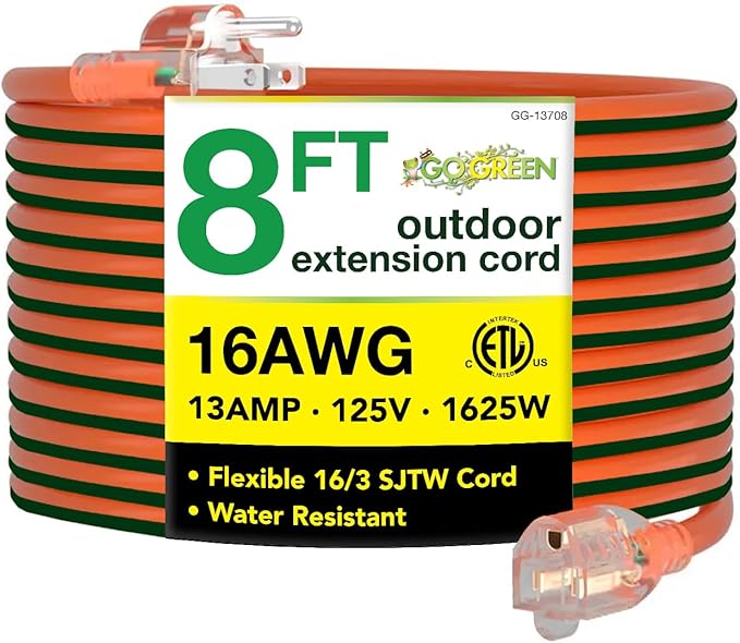 Go Green Power Inc. GG-13708 16/3 Heavy Duty Extension Cord-Orange, 8 ft by PowerByGoGreen