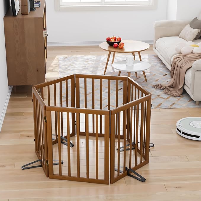 Freestanding Pet Gate Foldable Dog Gate Walnut Bamboo Dog Gates - Image 3