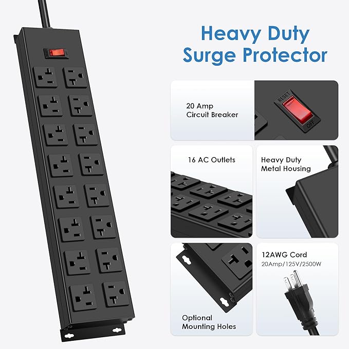 JUNNUJ Heavy Duty 20 Amp Power Strip, Garage 16 Outlets Metal 12 Gauge Surge - Image 6