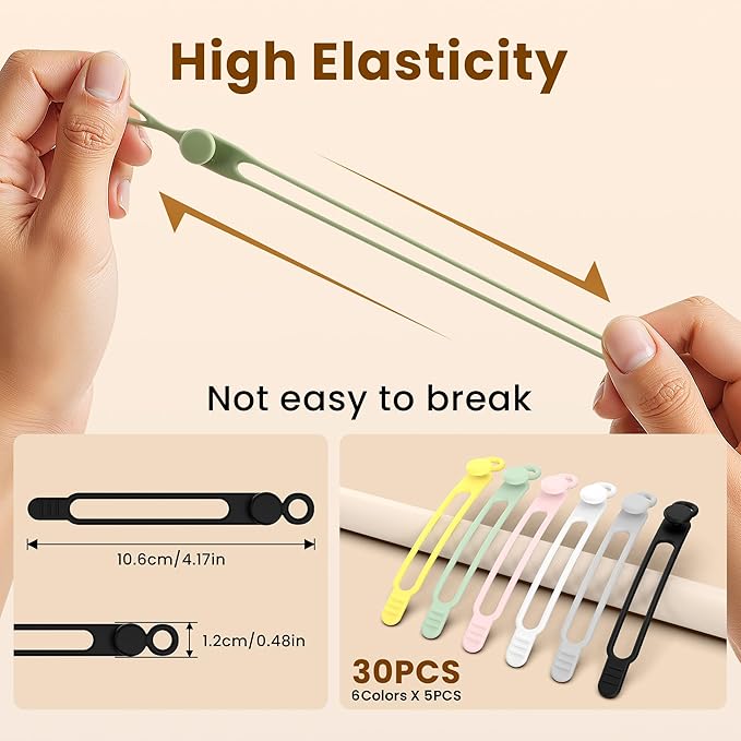 30Pcs Silicone Cable Ties, Reusable Data Cable Organizer - Image 2