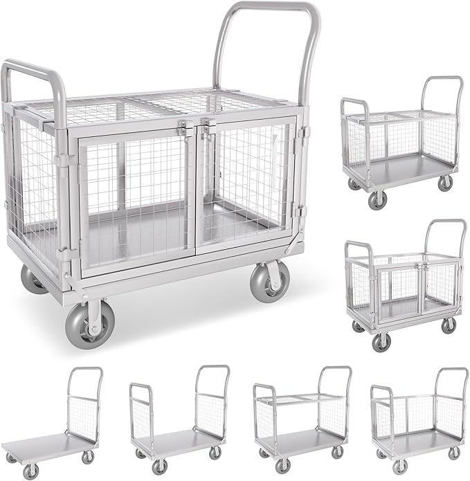 Upgrade Platform Truck with Cage, Mutipurpose 7-in-1 Heavy-Duty Utility Cart by Warmyou