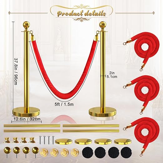 4Pcs Gold Stanchion Post Queue Velvet Ropes and Posts - Image 2