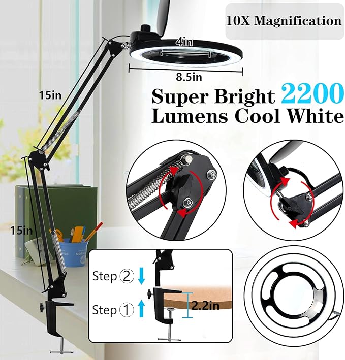 10X Magnifying Glass with Light, KIRKAS 2, 200 Lumens LED Magnifying Lamp with - Image 4