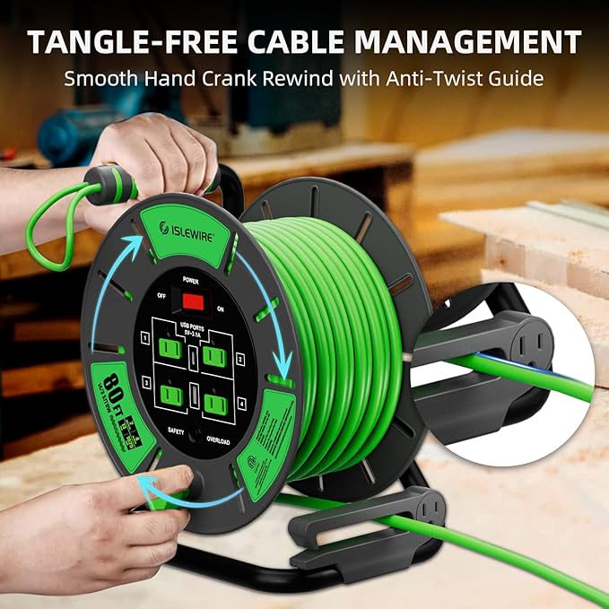 Retractable Extension Cord Reel 80 FT, 14AWG SJTOW Heavy Duty Power Cord - Image 5