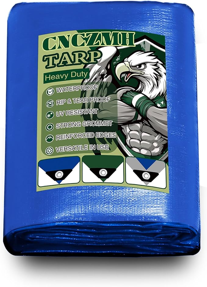 Tarp Heavy Duty Waterproof 6x12 Feet, 10 Mil Thick Blue Poly Tarps Outdoor by CNCZMH