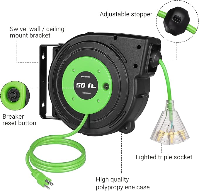 DEWENWILS Retractable Cord Reel, 50FT Extension Cord Reel, 14AWG/3C SJTOW - Image 5