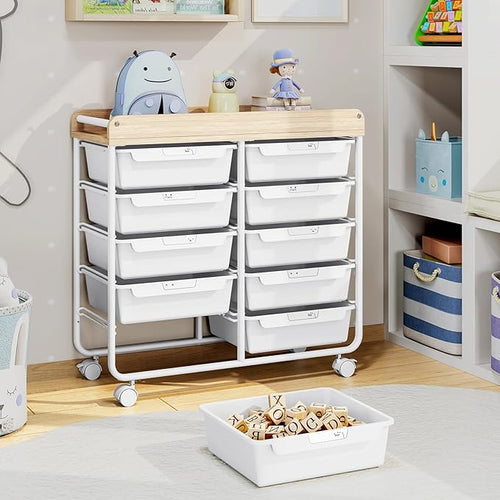 10 Drawers Rolling Cart with Wooden Tabletop, Utility Storage Cart with Wheels - Image 2