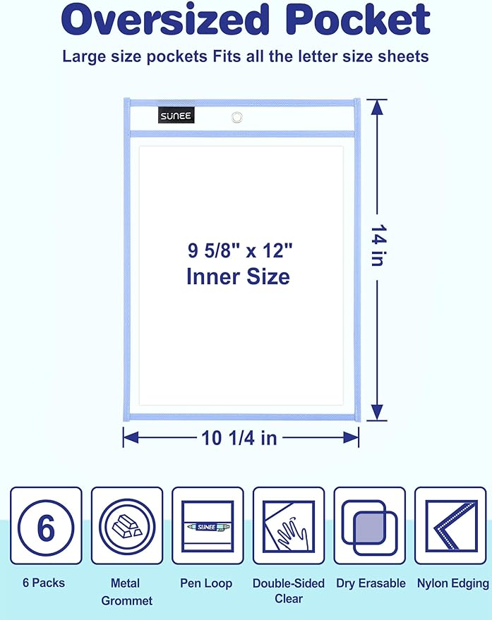 SUNEE 6 Packs Oversized Reusable Dry Erase Pocket Sleeves - Image 2