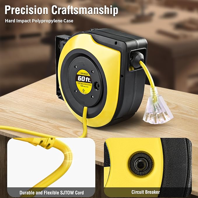 SURAIELEC 12 Gauge Extension Cord Reel, 60 FT Retractable Extension Cord - Image 7