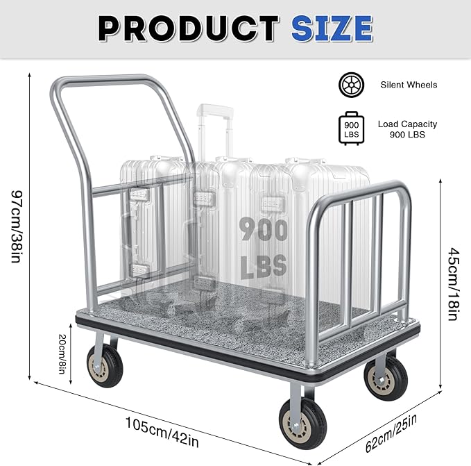 Hotel Luggage Cart, 900LBS Load Capacity Bellman's Cart - Image 2