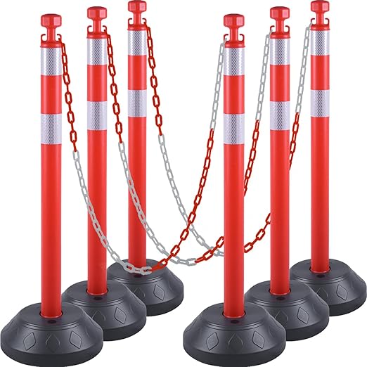 6 Pack 40" inch Work Zone Chain Post Set, Traffic Delineator Post Cones by OranLite
