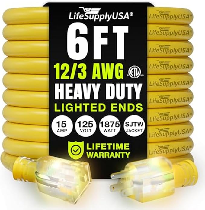6ft Outdoor/Indoor Extension Cord 12/3 Gauge Extra Heavy Duty 3 Prong SJTW by LifeSupplyUSA