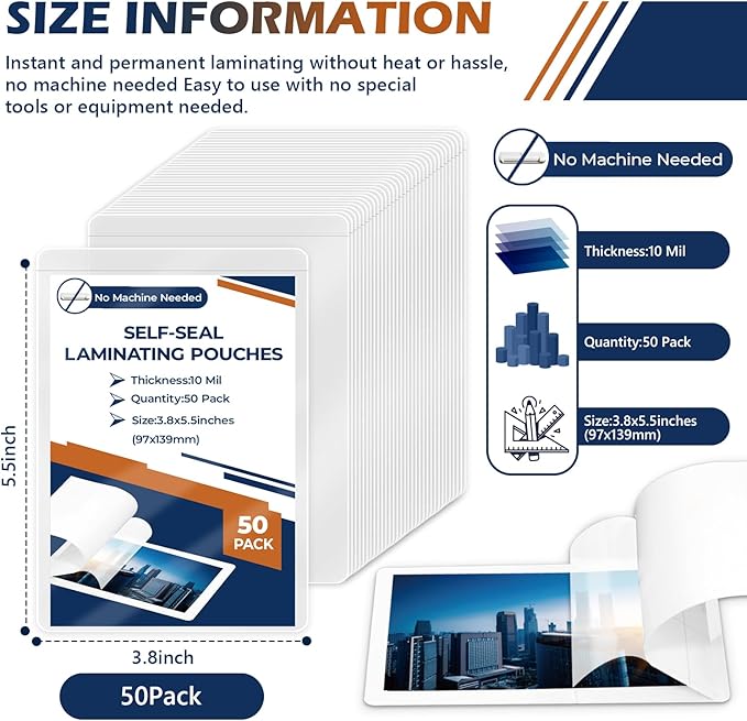 50 Pack 10 Mil 3"x5" Self Sealing Laminating Pouches Self Adhesive Lamination - Image 2