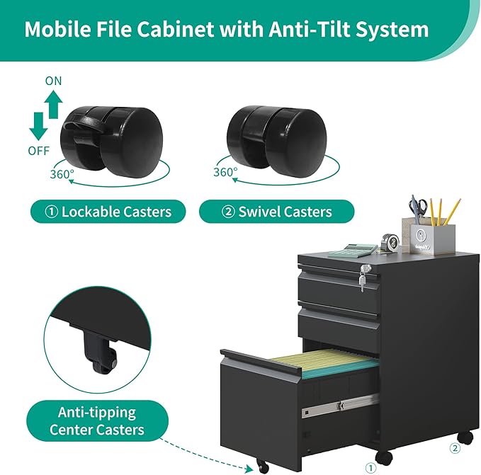 3-Drawer Mobile File Cabinet - Image 4