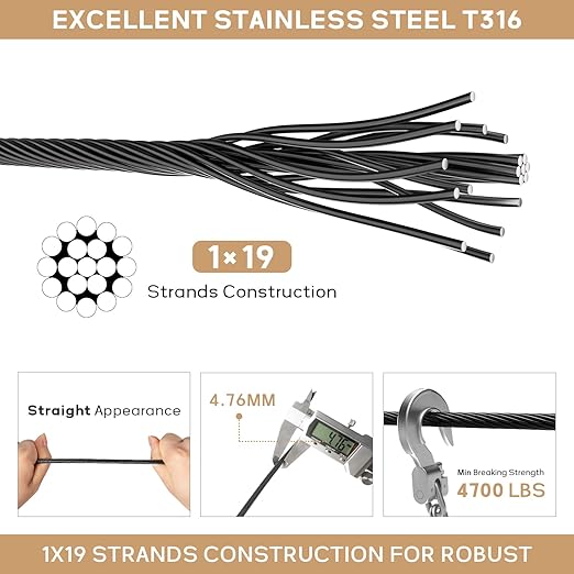 3/16" Black T316 Stainless Steel Cable, 100FT Marine Grade Black Wire Rope - Image 3