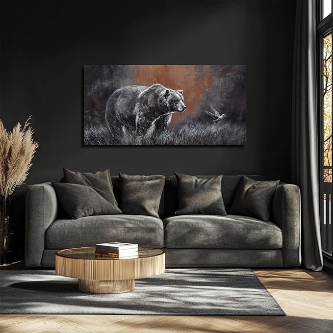ZHENGYIN Grizzly Bear & Bird Canvas Wall Art, Warm Earth Tone Glow, Rustic - Image 5