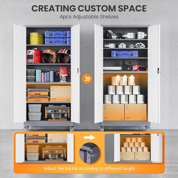 Garage Cabinet with Wheels and Adjustable Shelves, Metal Garage Storage - Image 4