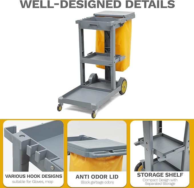 DWVO Janitorial Cart on Wheels, Cleaning Carts, Housekeeping Cart, 3 Shelf - Image 5