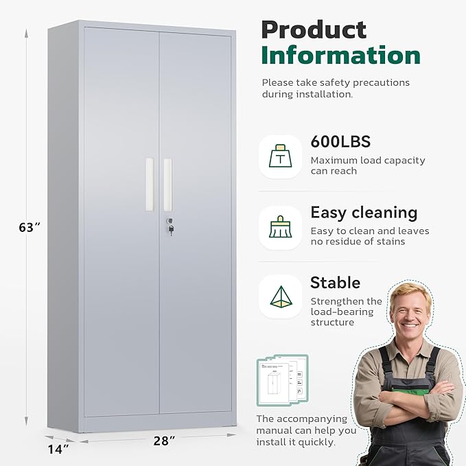 Greenvelly Metal Storage Cabinet, Lockable Steel Cabinets - Image 3